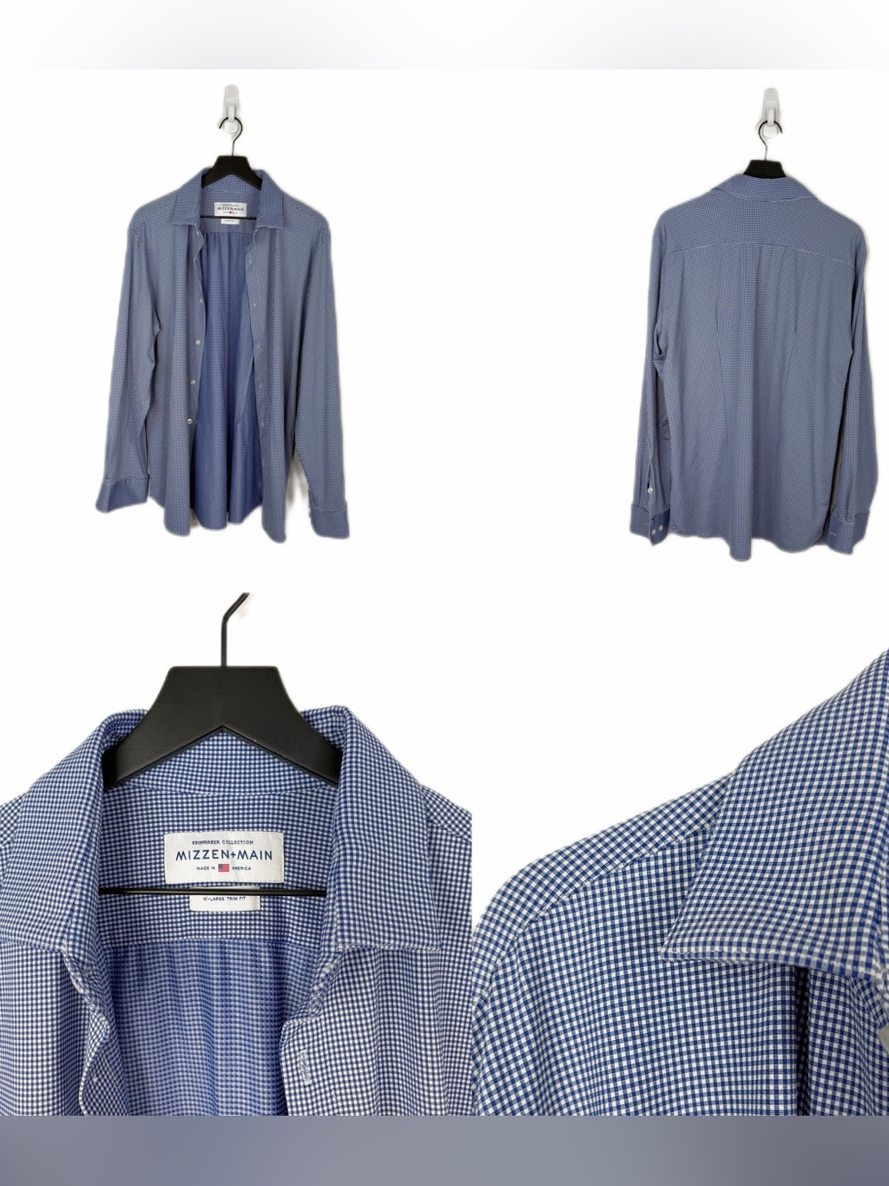•MIZZEN + MAIN• Button Up Checkered Navy Blue White Trim Fit Made in USA